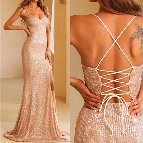 Luxe sequins slit thigh formal party evening wedding prom Laceup dress CHAMPAGNE - Picture 3 of 6